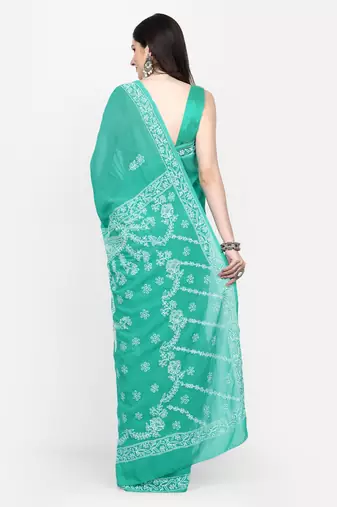 hand embroidered green georgette lucknowi chikankari saree with blouse 