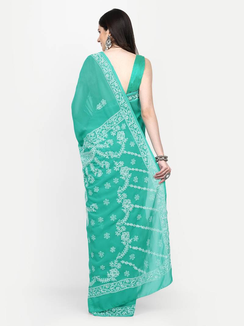 hand embroidered green georgette lucknowi chikankari saree with blouse 
