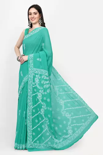 hand embroidered green georgette lucknowi chikankari saree with blouse 