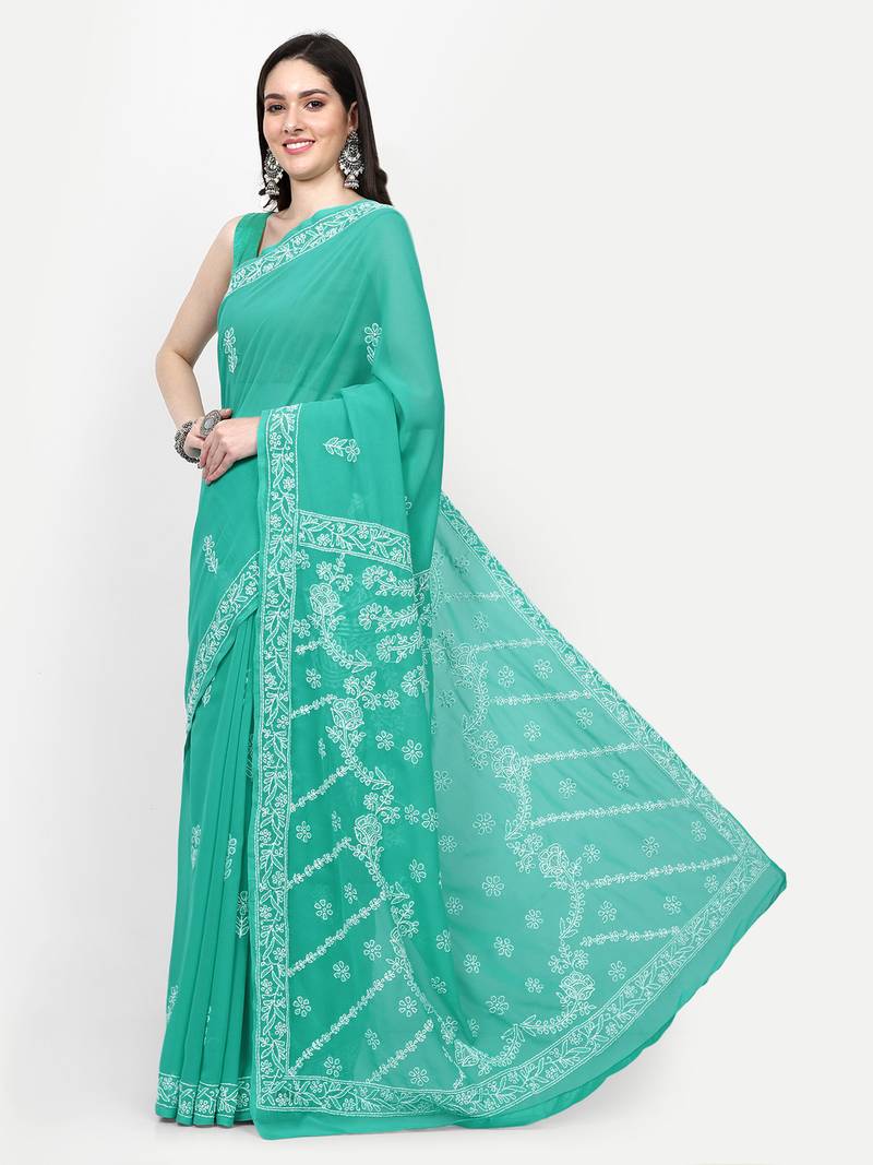 hand embroidered green georgette lucknowi chikankari saree with blouse 