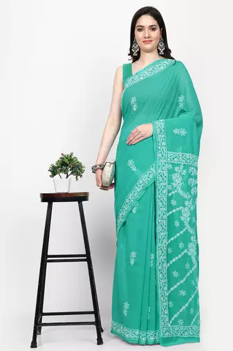 hand embroidered green georgette lucknowi chikankari saree with blouse 