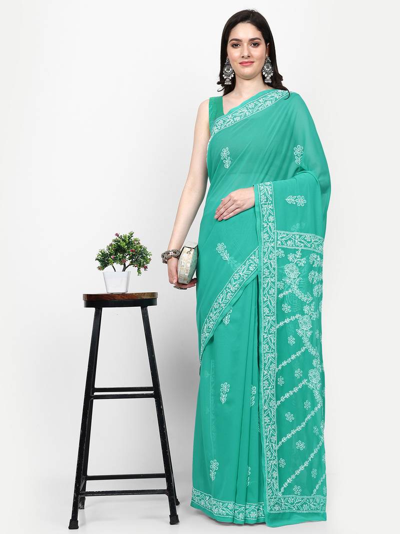 hand embroidered green georgette lucknowi chikankari saree with blouse 