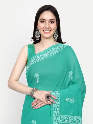 hand embroidered green georgette lucknowi chikankari saree with blouse  5