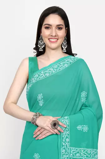 hand embroidered green georgette lucknowi chikankari saree with blouse 