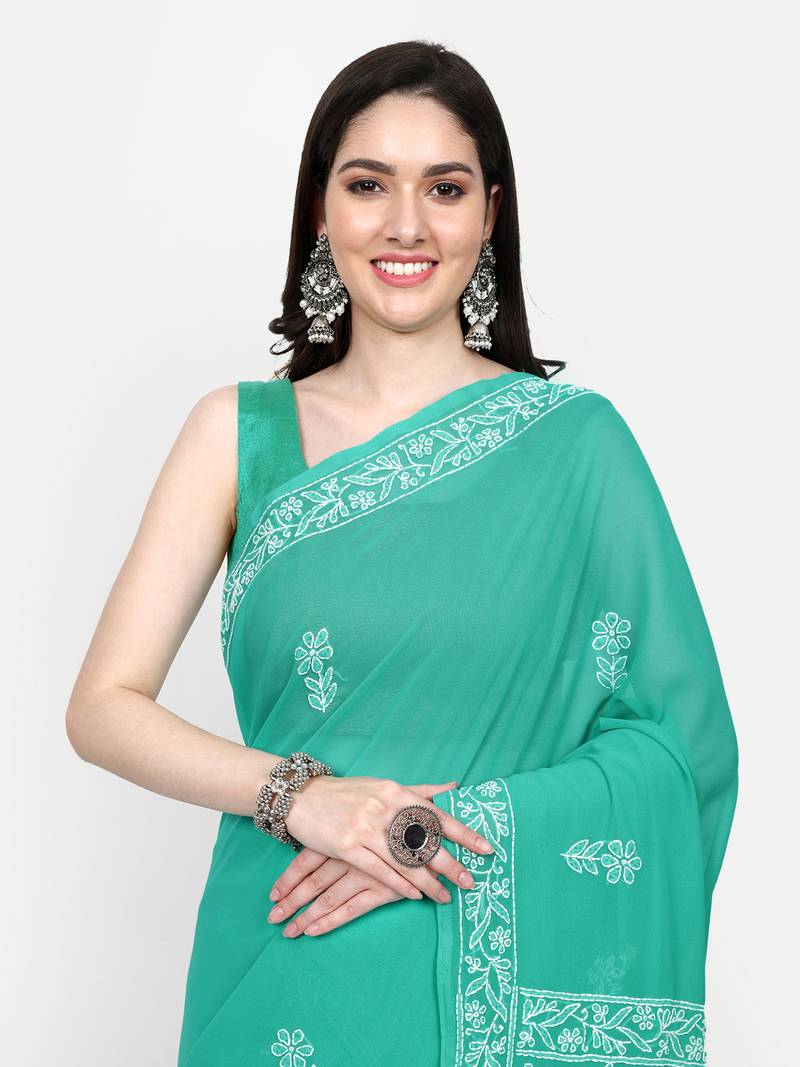 hand embroidered green georgette lucknowi chikankari saree with blouse 