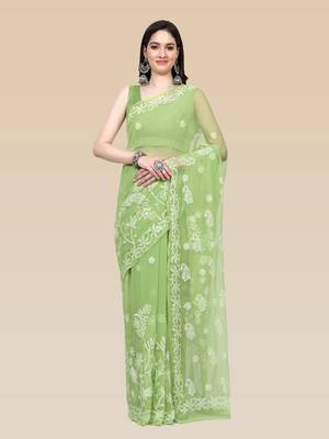 hand embroidered green goergette lucknowi chikankari saree with blouse  1