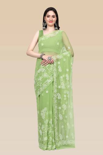 hand embroidered green goergette lucknowi chikankari saree with blouse 