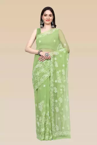 hand embroidered green goergette lucknowi chikankari saree with blouse 