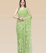 hand embroidered green goergette lucknowi chikankari saree with blouse 
