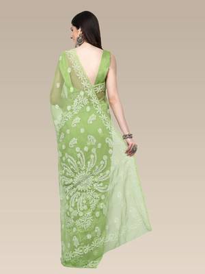 hand embroidered green goergette lucknowi chikankari saree with blouse  2