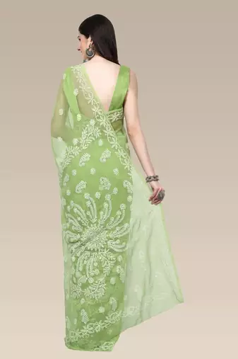 hand embroidered green goergette lucknowi chikankari saree with blouse 