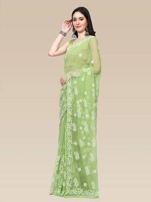 hand embroidered green goergette lucknowi chikankari saree with blouse  3