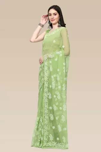 hand embroidered green goergette lucknowi chikankari saree with blouse 
