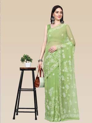 hand embroidered green goergette lucknowi chikankari saree with blouse  4