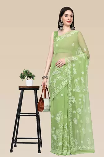 hand embroidered green goergette lucknowi chikankari saree with blouse 