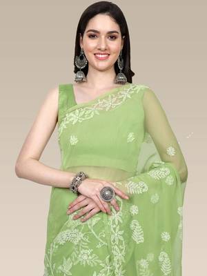 hand embroidered green goergette lucknowi chikankari saree with blouse  5