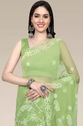 hand embroidered green goergette lucknowi chikankari saree with blouse 
