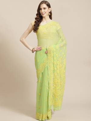 hand embroidered green georgette lucknowi chikankari saree with blouse  1