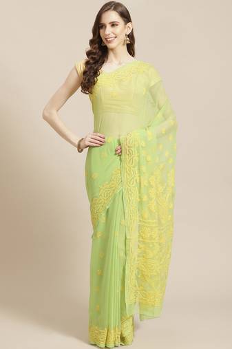 hand embroidered green georgette lucknowi chikankari saree with blouse 