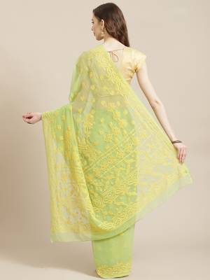 hand embroidered green georgette lucknowi chikankari saree with blouse  2