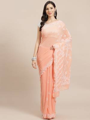 hand embroidered peach georgette lucknow chikan saree with blouse  1