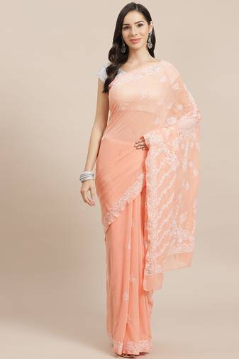 hand embroidered peach georgette lucknow chikan saree with blouse 