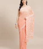 hand embroidered peach georgette lucknow chikan saree with blouse 