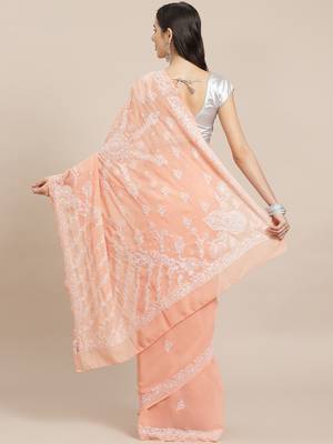 hand embroidered peach georgette lucknow chikan saree with blouse  2