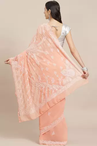 hand embroidered peach georgette lucknow chikan saree with blouse 