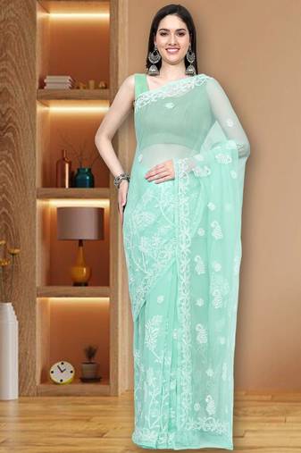 hand embroidered sea green goergette lucknowi chikankari saree with blouse 