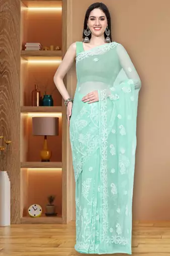 hand embroidered sea green goergette lucknowi chikankari saree with blouse 