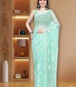 hand embroidered sea green goergette lucknowi chikankari saree with blouse 