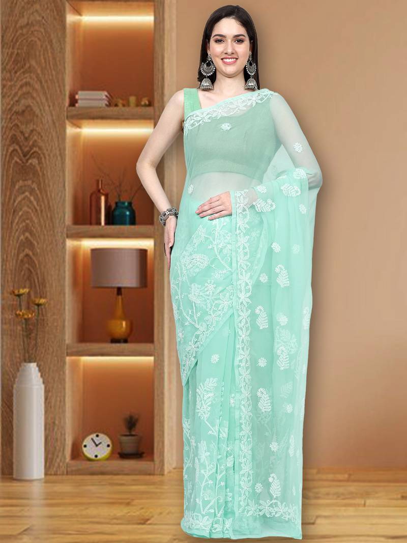 hand embroidered sea green goergette lucknowi chikankari saree with blouse 