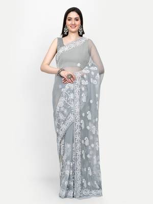 hand embroidered grey goergette lucknowi chikankari saree with blouse  1