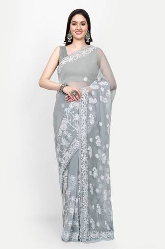 hand embroidered grey goergette lucknowi chikankari saree with blouse 