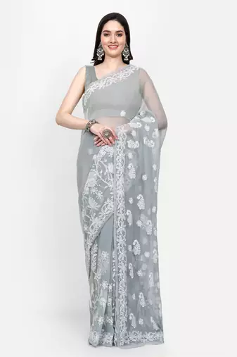 hand embroidered grey goergette lucknowi chikankari saree with blouse 