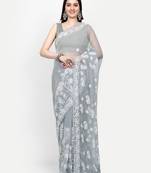 hand embroidered grey goergette lucknowi chikankari saree with blouse