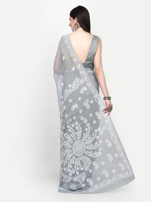 hand embroidered grey goergette lucknowi chikankari saree with blouse  2