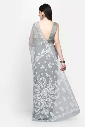 hand embroidered grey goergette lucknowi chikankari saree with blouse 