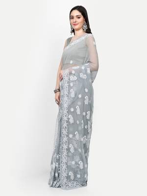 hand embroidered grey goergette lucknowi chikankari saree with blouse  3