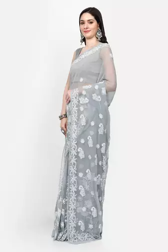 hand embroidered grey goergette lucknowi chikankari saree with blouse 