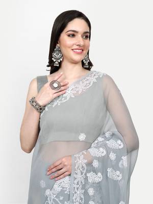 hand embroidered grey goergette lucknowi chikankari saree with blouse  4