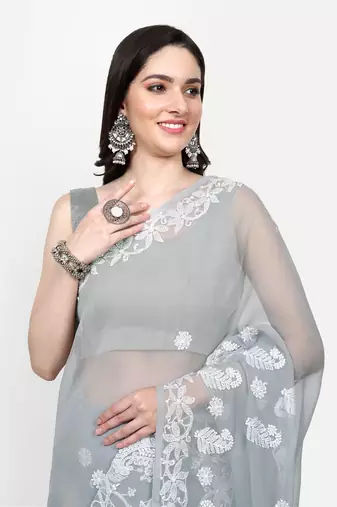 hand embroidered grey goergette lucknowi chikankari saree with blouse 
