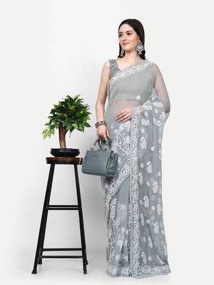 hand embroidered grey goergette lucknowi chikankari saree with blouse  5