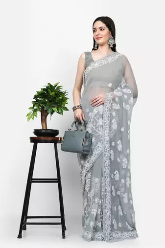 hand embroidered grey goergette lucknowi chikankari saree with blouse 
