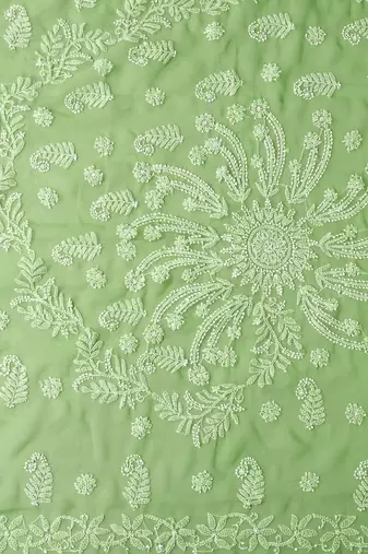 hand embroidered green goergette lucknowi chikankari saree with blouse 