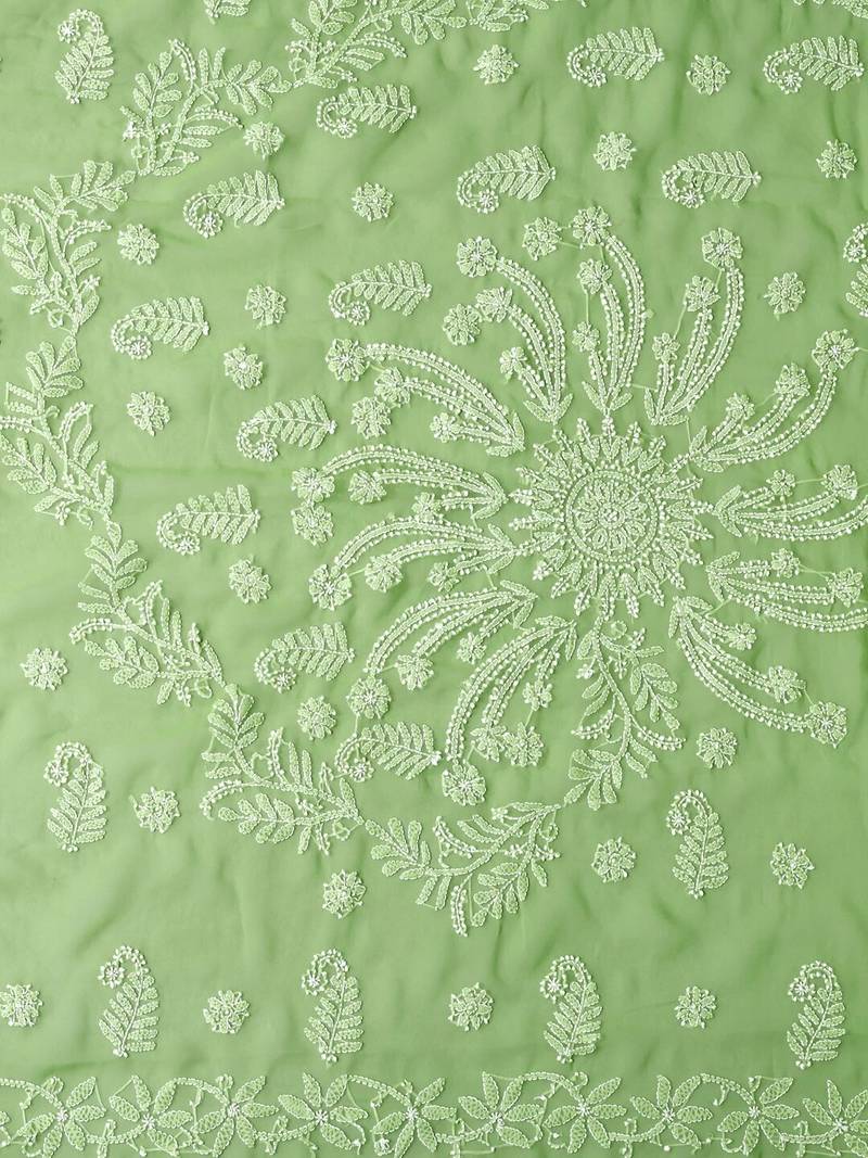 hand embroidered green goergette lucknowi chikankari saree with blouse 