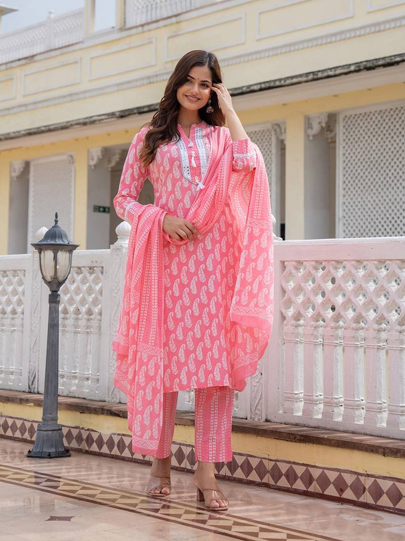 pink color yoke design pure cotton styles kurta trouser with dupatta
