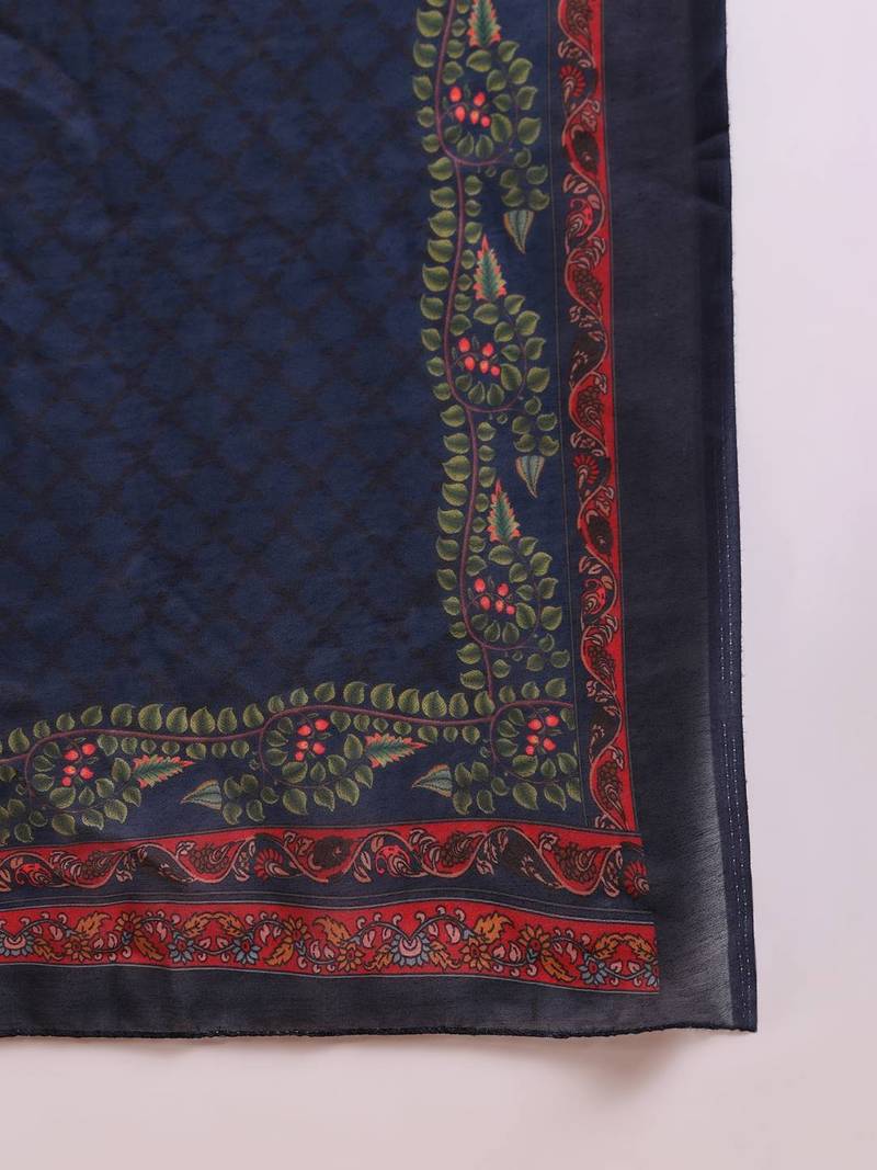 navy blue color embroidered silk blend styles kurta trouser with dupatta