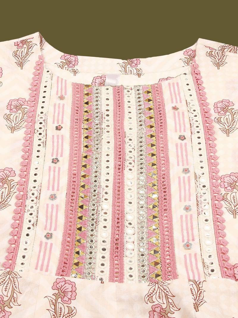 nude color embroidered pure cotton styles kurta trouser with dupatta